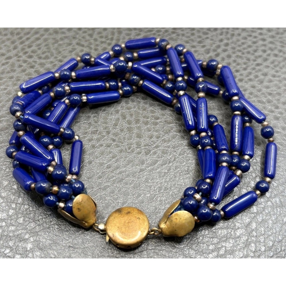 Vintage Czech Glass Cobalt Blue Barrel Bead Multi Strand Bracelet Brass Tone